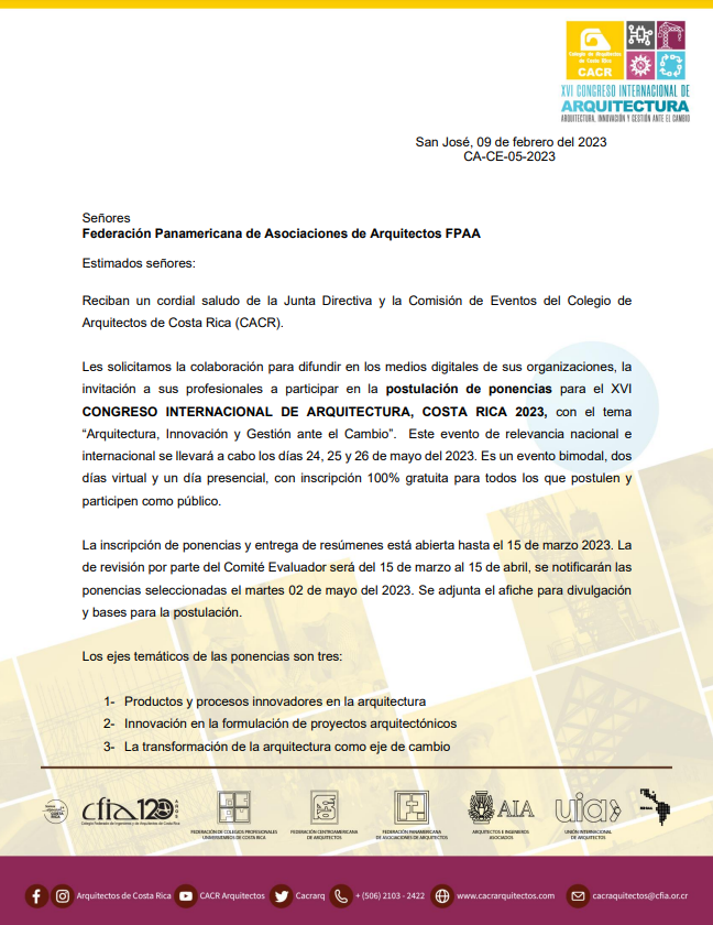SOUMISSION DES COMMUNICATIONS POUR LE XVI CONGRÈS INTERNATIONAL D'ARCHITECTURE, COSTA RICA 2023